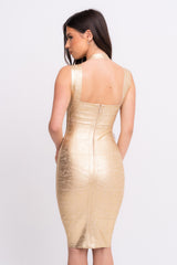 Dominica VIP Luxe Gold Metallic Bandage Panel Bodycon Dress