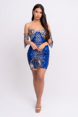 Rumour Vip Blue Gold Sweetheart Bardot Sequin Mini Bodycon Dress