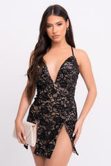 Invite Only Black Nude Plunge Lace Floral Sequin Double Thigh Slit Mini Dress