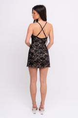 Invite Only Black Nude Plunge Lace Floral Sequin Double Thigh Slit Mini Dress