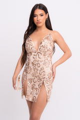 Invite Only Rose Gold Nude Plunge Lace Floral Sequin Double Thigh Slit Mini Dress