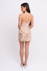 Invite Only Rose Gold Nude Plunge Lace Floral Sequin Double Thigh Slit Mini Dress