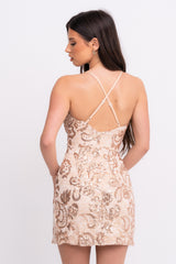 Invite Only Rose Gold Nude Plunge Lace Floral Sequin Double Thigh Slit Mini Dress