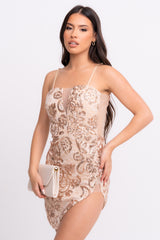 Cupid Rose Gold Luxe Floral Sequin Lace Plunge Bodycon Mini Asymmetric Curve Slit Dress