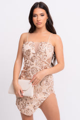 Cupid Rose Gold Luxe Floral Sequin Lace Plunge Bodycon Mini Asymmetric Curve Slit Dress