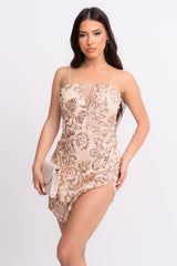 Cupid Rose Gold Luxe Floral Sequin Lace Plunge Bodycon Mini Asymmetric Curve Slit Dress