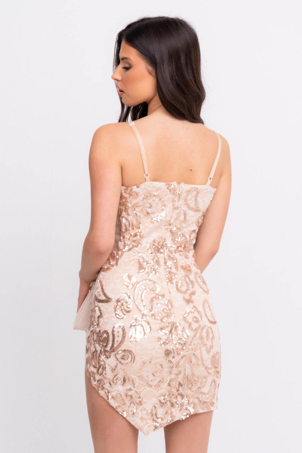 Cupid Rose Gold Luxe Floral Sequin Lace Plunge Bodycon Mini Asymmetric Curve Slit Dress