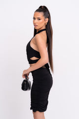 Best Assets Black Slinky Ruched Halterneck Tie Back Two Piece Co-ord Set