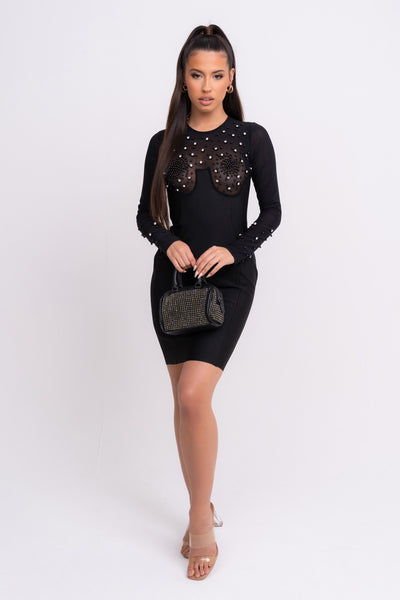 Liberty Black Sheer Neckline Diamante Bandage Long-sleeve