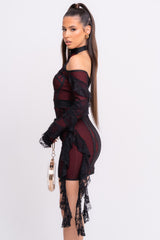 Stormy VIP Luxe Black and Red Ruffle Lace Bandage Bodycon Dress