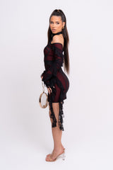 Stormy VIP Luxe Black and Red Ruffle Lace Bandage Bodycon Dress