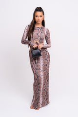 Blowing Hisses Snakeskin Print Cut Out Long Sleeve Maxi Skirt Two Piece Co ord Set