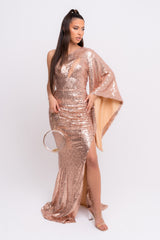 Halo Premium Rose Gold One Shoulder Kimono Sleeve Sequin Slit Maxi Dress