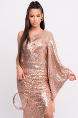 Halo Premium Rose Gold One Shoulder Kimono Sleeve Sequin Slit Maxi Dress