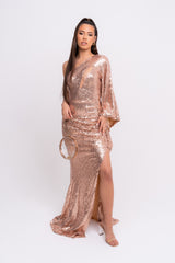 Halo Premium Rose Gold One Shoulder Kimono Sleeve Sequin Slit Maxi Dress