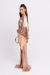 Halo Premium Rose Gold One Shoulder Kimono Sleeve Sequin Slit Maxi Dress