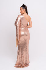 Halo Premium Rose Gold One Shoulder Kimono Sleeve Sequin Slit Maxi Dress