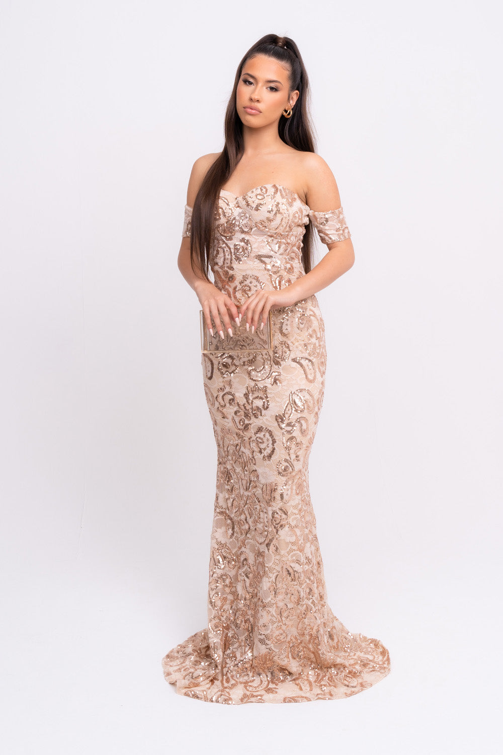 Daydreamer Rose Gold Floral Lace Sequin Embellished Off The Shoulder Bardot Cuff Maxi Dress