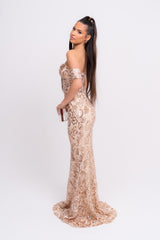 Daydreamer Rose Gold Floral Lace Sequin Embellished Off The Shoulder Bardot Cuff Maxi Dress