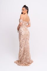 Daydreamer Rose Gold Floral Lace Sequin Embellished Off The Shoulder Bardot Cuff Maxi Dress