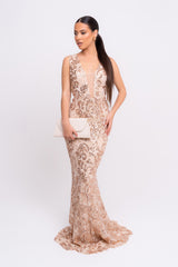 Flora Rose Gold Luxe Deep Plunge Tie Side Floral Lace Sequin Embellished Maxi Dress