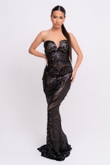 Kenza Black Luxe Sweetheart Plunge Sequin Embellished Fishtail Dress