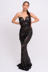 Kenza Black Luxe Sweetheart Plunge Sequin Embellished Fishtail Dress