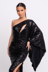 Halo Premium Black One Shoulder Kimono Sleeve Sequin Slit Maxi Dress