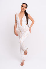 Epic White Luxe Deep Plunge Illusion Tie Sequin Mesh Embellished Jumpsuit