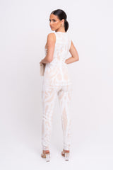 Epic White Luxe Deep Plunge Illusion Tie Sequin Mesh Embellished Jumpsuit