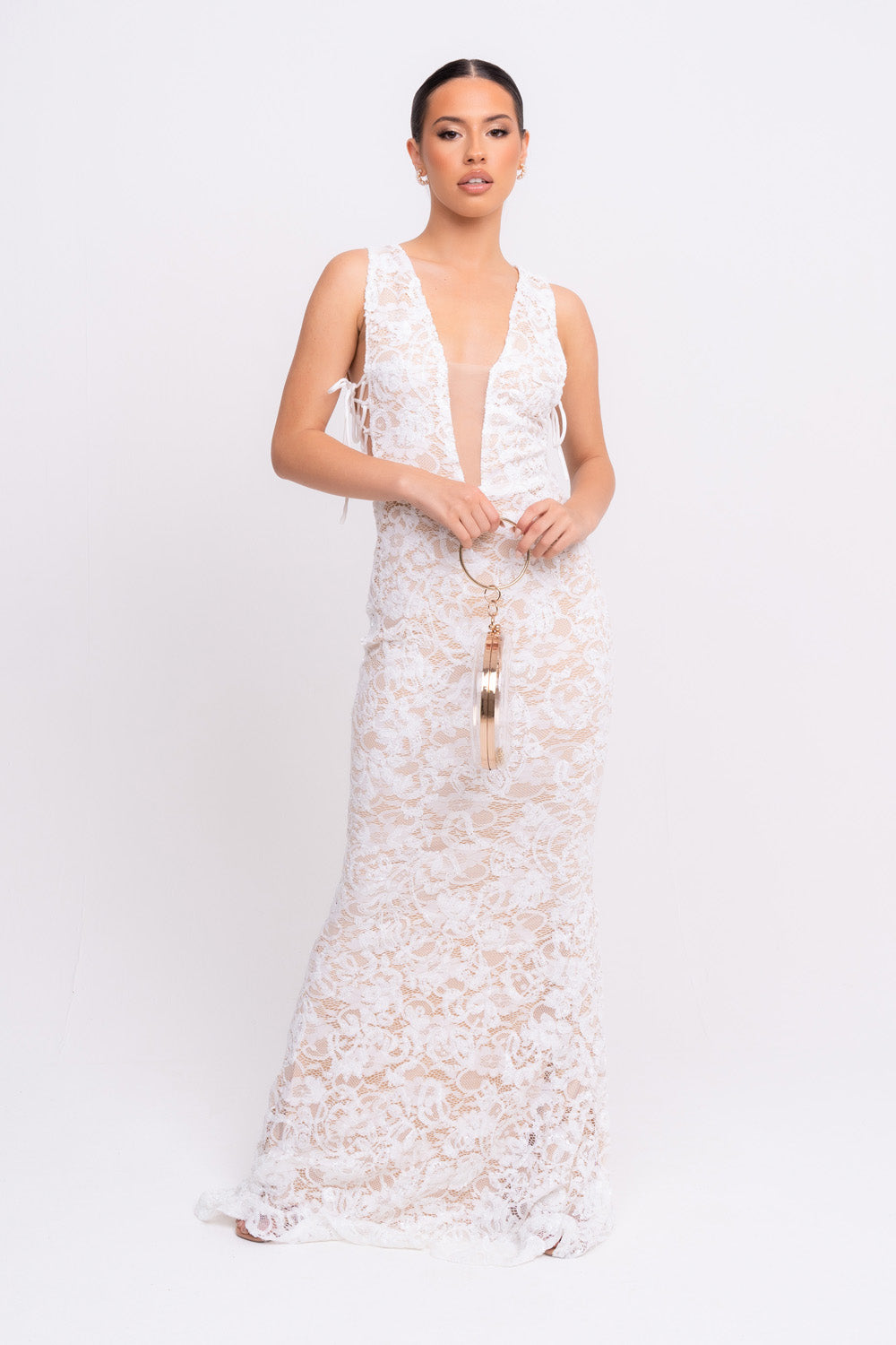Flora White Luxe Deep Plunge Tie Side Floral Lace Sequin Embellished Maxi Dress