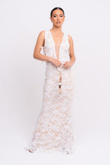 Flora White Luxe Deep Plunge Tie Side Floral Lace Sequin Embellished Maxi Dress