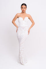 Kenza White Luxe Sweetheart Plunge Sequin Embellished Fishtail Dress