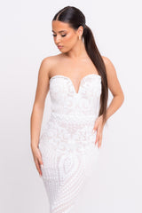 Kenza White Luxe Sweetheart Plunge Sequin Embellished Fishtail Dress