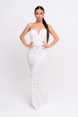 Kenza White Luxe Sweetheart Plunge Sequin Embellished Fishtail Dress