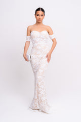 Daydreamer White Floral Lace Sequin Embellished Off The Shoulder Bardot Cuff Maxi Dress