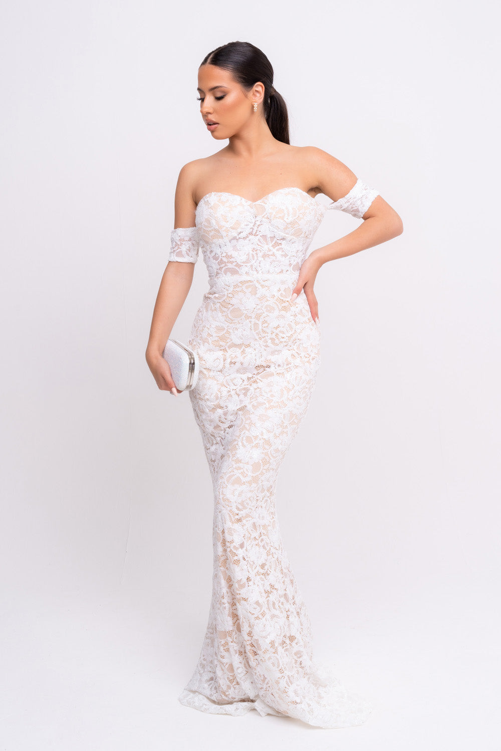 Daydreamer White Floral Lace Sequin Embellished Off The Shoulder Bardot Cuff Maxi Dress