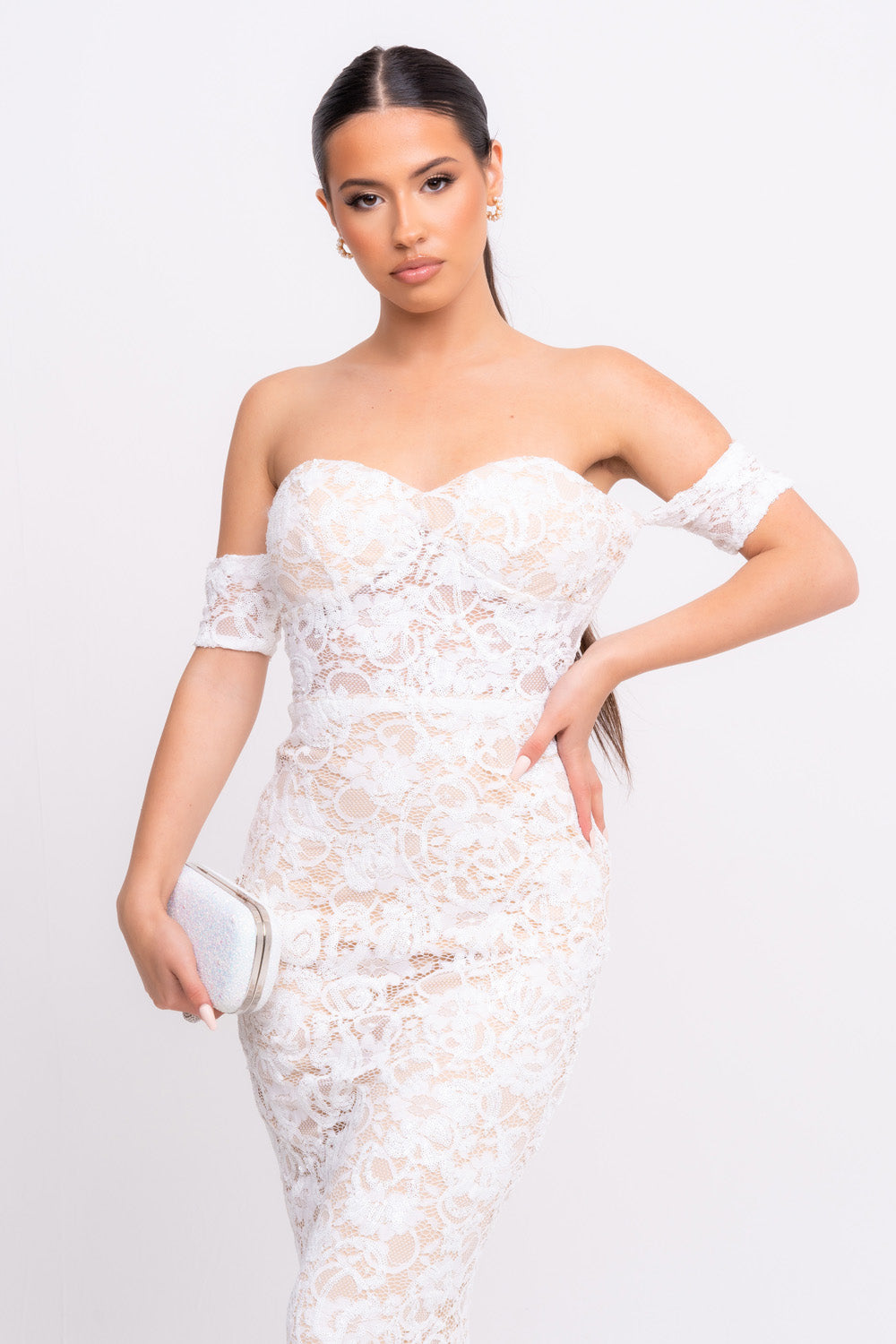 Daydreamer White Floral Lace Sequin Embellished Off The Shoulder Bardot Cuff Maxi Dress