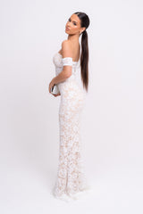 Daydreamer White Floral Lace Sequin Embellished Off The Shoulder Bardot Cuff Maxi Dress