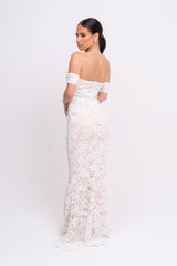 Daydreamer White Floral Lace Sequin Embellished Off The Shoulder Bardot Cuff Maxi Dress