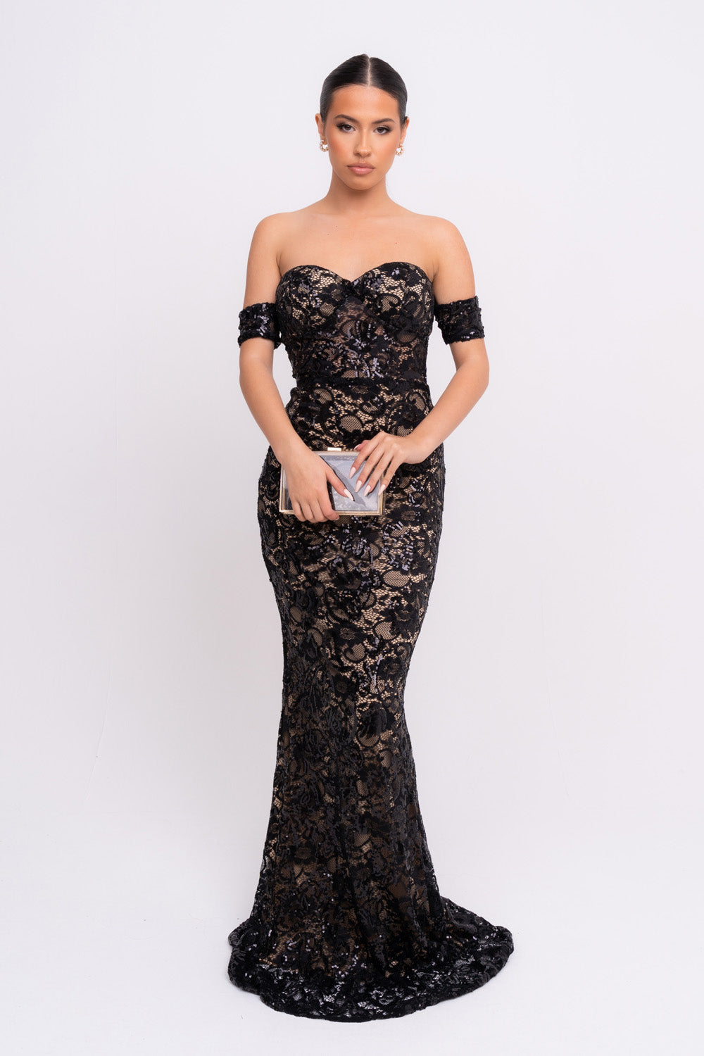 Daydreamer Black Floral Lace Sequin Embellished Off The Shoulder Bardot Cuff Maxi Dress