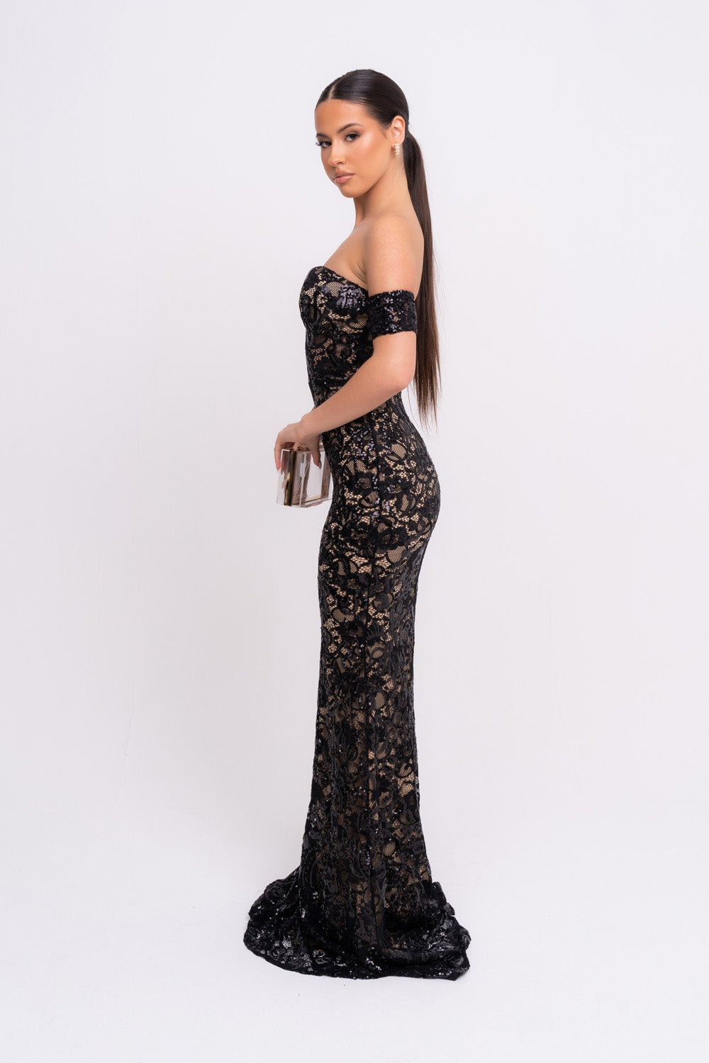 Daydreamer Black Floral Lace Sequin Embellished Off The Shoulder Bardot Cuff Maxi Dress