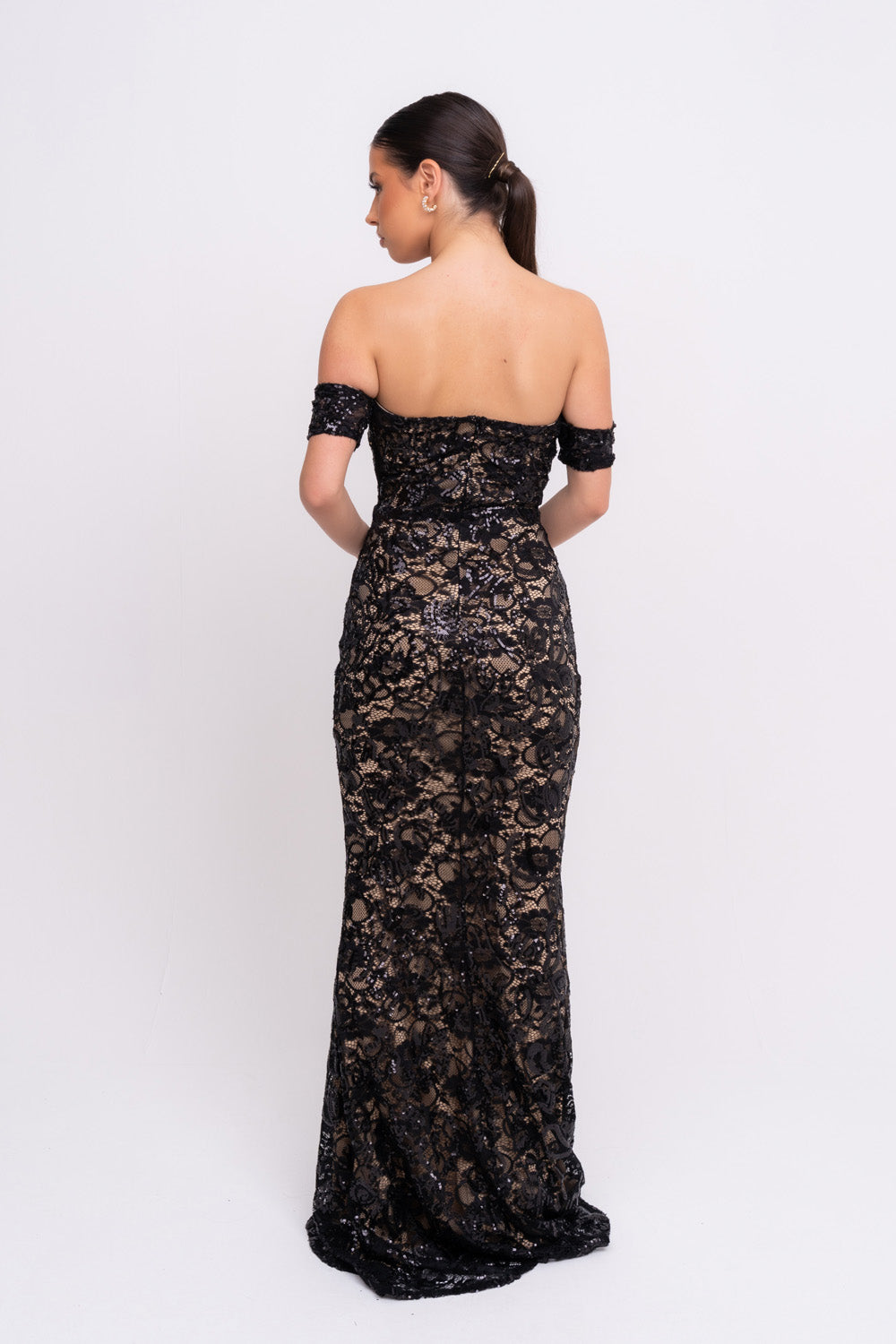 Daydreamer Black Floral Lace Sequin Embellished Off The Shoulder Bardot Cuff Maxi Dress