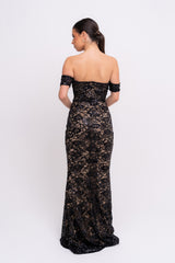 Daydreamer Black Floral Lace Sequin Embellished Off The Shoulder Bardot Cuff Maxi Dress