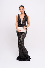 Flora Black Luxe Deep Plunge Tie Side Floral Lace Sequin Embellished Maxi Dress