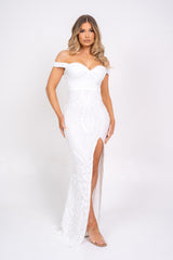 Angelika White Luxe Sequin Embellished Off The Shoulder Maxi Slit Dress