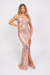 Angelika Rose Gold Luxe Sequin Embellished Off The Shoulder Maxi Slit Dress