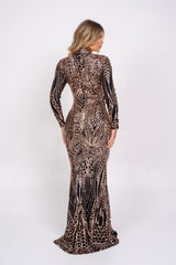 Amira Black & Rose Gold Luxe Sequin Emebllished Hourglass Illusion Maxi Fishtail Dress