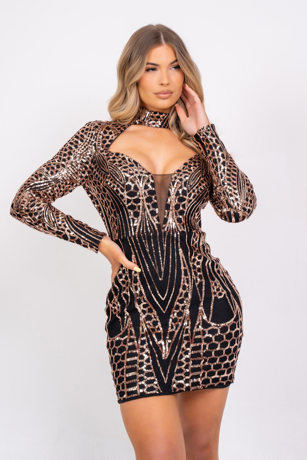 Habibti Black & Rose Gold Luxe Sequin Embellished Hourglass Illusion Dress