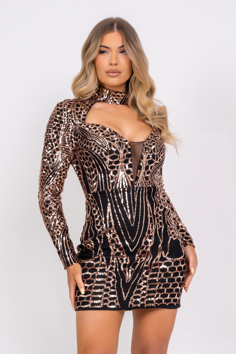 Habibti Black & Rose Gold Luxe Sequin Embellished Hourglass Illusion Dress